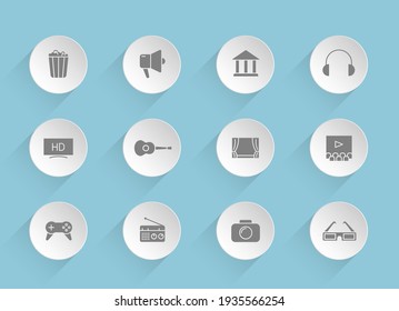 entertainment vector icons on round puffy paper circles with transparent shadows on blue background. entertainment stock vector icons for web, mobile and user interface design