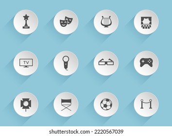 entertainment vector icons on round puffy paper circles with transparent shadows on blue background. entertainment stock vector icons for web, mobile and user interface design