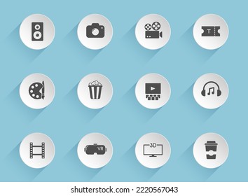 entertainment vector icons on round puffy paper circles with transparent shadows on blue background. entertainment stock vector icons for web, mobile and user interface design