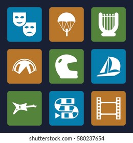 Entertainment vector icons. Set of 9 Entertainment filled icons such as movie tape, dice game, mask, parachute, sailboat, guitar, tent, harp