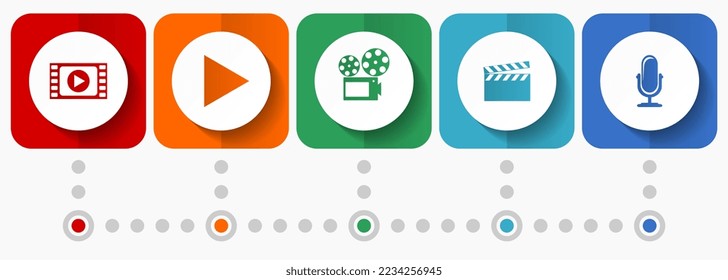 Entertainment vector icons, video and cinema flat design web buttons collection, business concept infographic template