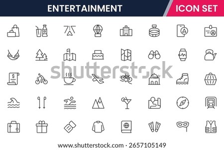 Entertainment vector line icons featuring music, games, books, movies, instruments, painting, photography, theater, and creative activities.