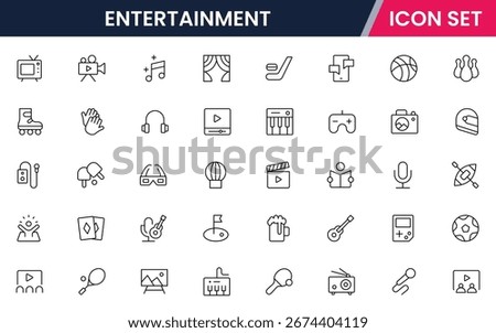 Entertainment vector line icons featuring music, movies, theater, games, concerts, cameras, tickets, popcorn, stages, and fun activities symbols.