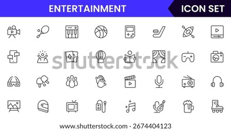 Entertainment vector line icons featuring music, movies, theater, games, concerts, cameras, tickets, popcorn, stages, and fun activities symbols.