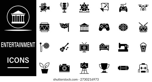 Vector de entretenimiento en diseño de silueta. Video Conjunto de 24 iconos relacionados con, baile, surf, música, fiesta, juego, foto y más. Ilustración vectorial.