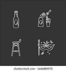 Entertainment venue chalk white icons set on black background. Recreation in pub, night club theme party. Beer, bar stool and masquerade mask isolated vector chalkboard illustrations