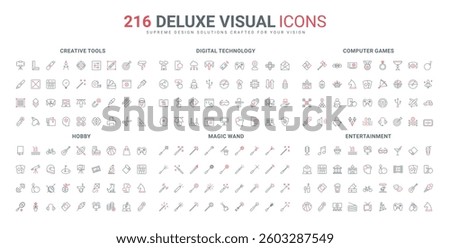 Entertainment, video game electronic gadgets and esport, hobby, digital technology and services for smart home line icon set. Creative tools thin black and red outline symbols vector illustration