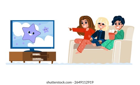 entretenimento assistindo desenhos animados hobby criança vetor. personagens aventura, imaginação criatividade, histórias heróis entretenimento assistindo desenhos animados hobby criança personagem.