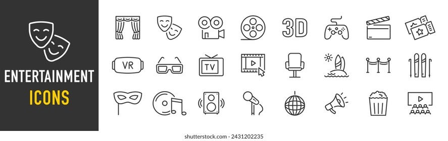 Entertainment web icons in line style. Theatre, cinema, surfing, music, party, VR, TV. Vector illustration.