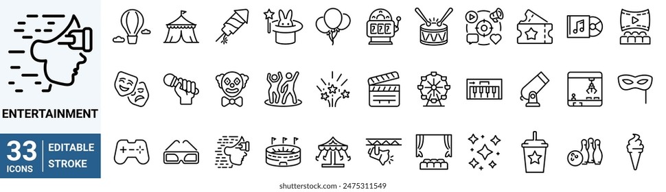 Entertainment web icons in line style. Lifestyle. Theatre, cinema, surfing, music, party, VR, TV. Vector illustration.