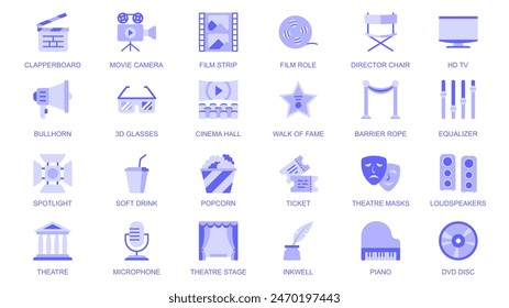 Entertainment web icons set in duotone flat design. Pack pictograms with clapperboard, movie, camera, film strip, role, director chair, tv, bullhorn, 3d glasses, cinema, other. Vector illustration.