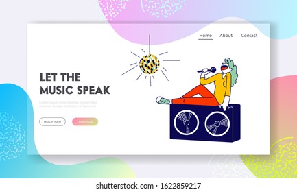 Entertainment Website Landing Page. Woman Sitting on Huge Dynamics on Stage Holding Microphone and Singing Song at Karaoke Bar or Night Club Web Page Banner. Cartoon Flat Vector Illustration, Line Art