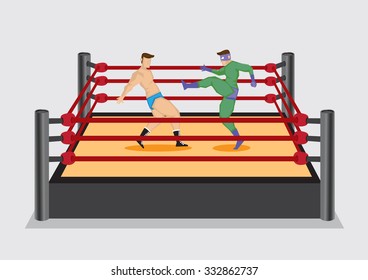Entertainment wrestler dressed in green costume and mask delivers a high kick to opponent. Vector illustration on wrestling sport entertainment industry.