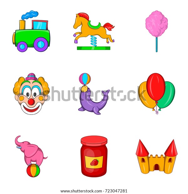 Entertainment for youngest icons set. Cartoon\
set of 9 entertainment for youngest vector icons for web isolated\
on white\
background