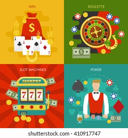 Entertainments at casino concept with slot machine winnings roulette poker dealer cards chips horseshoe isolated vector illustration