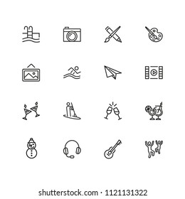 Entertainments icons. Set of line icons. Painting, kayaking, dancing. Leisure concept. Vector illustration can be used for topics like pastime, hobby