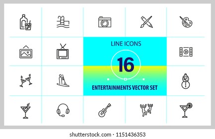 Entertainments icons. Set of line icons. Painting, kayaking, dancing. Leisure concept. Vector illustration can be used for topics like pastime, hobby