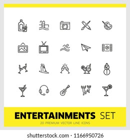 Entertainments icons. Set of line icons. Painting, kayaking, dancing. Leisure concept. Vector illustration can be used for topics like pastime, hobby