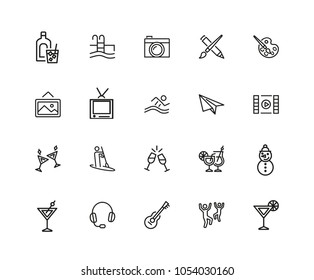 Entertainments icons. Set of twenty line icons. Painting, kayaking, dancing. Leisure concept. Vector illustration can be used for topics like pastime, hobby
