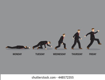 Enthusiasm level of a white collar worker cartoon character from Monday to Friday. Vector illustration on attitude towards work concept isolated on grey background.