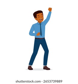 Enthusiastic African American Businessman Celebrates Success with Raised Fist and a Big Smile