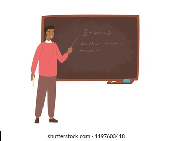 Enthusiastic African American male school teacher, college professor or lecturer standing beside chalkboard, holding pointer and explaining lesson. Colorful vector illustration in flat cartoon style.