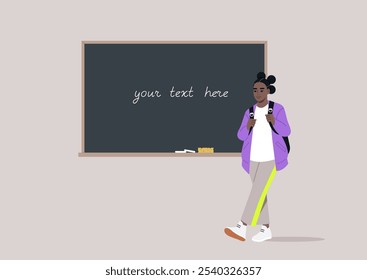 An enthusiastic African student girl with a backpack stands beside a blackboard, focused and prepared to contribute in the classroom, reflecting her love for knowledge and learning