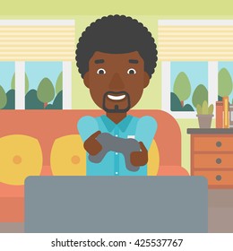 An enthusiastic african-american man sitting on a sofa with gamepad in hands in living room vector flat design illustration. Square layout.