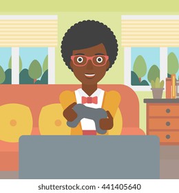 An enthusiastic african-american woman sitting on a sofa with gamepad in hands in living room vector flat design illustration. Square layout.
