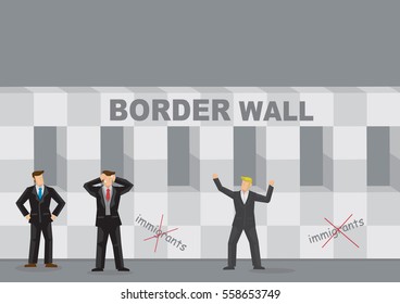 Enthusiastic blond businessman standing in front of barrier structure with title Border Wall and anti immigrant symbols. Creative vector illustration on border wall and business.