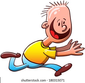 Enthusiastic boy with few hair and wearing blue pants and a yellow shirt while running animatedly after something