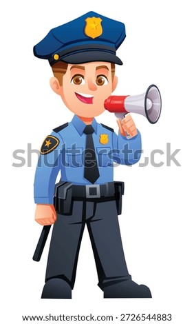 Enthusiastic boy police officer using a megaphone to give public announcements. Vector cartoon character illustration