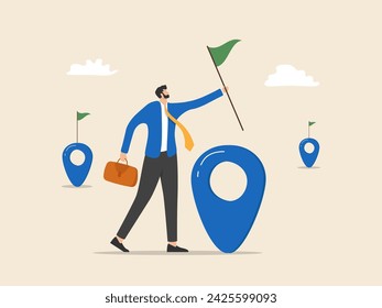 An enthusiastic business owner expands operations by planting a flag at a new location after jumping from one map navigation pin to another.