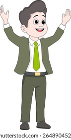 An enthusiastic business professional celebrating with raised hands and a joyful expression, perfect for illustrating success, achievements, and positive workplace moments