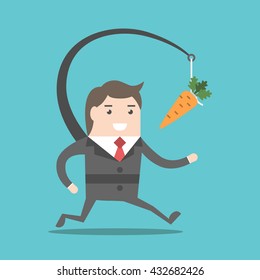 Enthusiastic businessman chasing motivational carrot hanging in front of him. Goal, motivation, career, reward and performance concept. EPS 8 vector illustration, no transparency