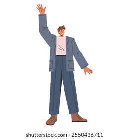 Enthusiastic businessman greeting concept. A cheerful professional in a suit waves with a smile on his face. Corporate leadership and positivity. Vector illustration.