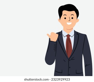 enthusiastic businessman pointing finger left or smiling corporate man showing advertisement standing in suit over white background