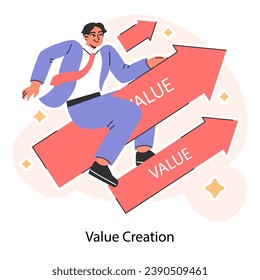 Enthusiastic businessman rides upward arrows labeled Value. Ascending progress. Amplifying success. Boost in value creation. Flat vector illustration.