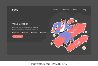 Enthusiastischer Geschäftsmann fährt nach oben Pfeile mit der Bezeichnung Value Dark oder Night Mode Web, Landung. Aufsteigender Fortschritt. Mehr Erfolg. Steigerung der Wertschöpfung. Flache Vektorillustration.