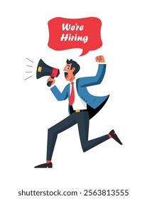 Enthusiastic businessman running with a megaphone announcing job openings, highlighting recruitment and hiring opportunities in a dynamic illustration