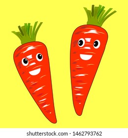 Enthusiastic carrot is a cartoon style character. Isolated, white. Carrot with face. Vector