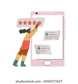 An enthusiastic character gives a top rating in a mobile app, with review notifications popping up. This vector illustration embodies the digital age of customer feedback and online ratings.