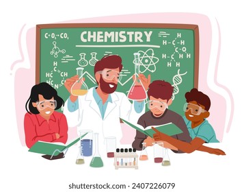 Begeisterter Chemielehrer engagiert sich in einem Klassenzimmer für eine Gruppe eifriger Kinder, fördert Neugier mit spannenden Experimenten und erregt eine Liebe zum Lernen über die Wunder der Wissenschaft, Vektorgrafik