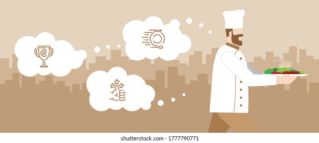 Enthusiastic concept. Chef is running with his food delivery. Thinking of his responsibility and passion of occupation. Hurry up lifestyle in rush hour. Meaning of life and target of working.