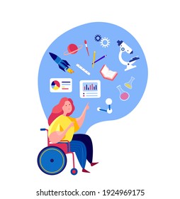 Enthusiastic Disabled Handicapped Woman in Wheelchair with a Lot of Hobbies,Interests,Get Education.Free Choice. Opportunities for Patients.Future Technology Science, Diagrams.Flat vector illustration