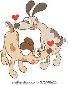 Enthusiastic dogs with bulging eyes, big noses and long ears while wagging their tails, sticking their tongues out, showing red hearts and falling irremediably in love by sniffing their butts