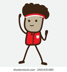 An enthusiastic doodle style cartoon character is raising his arms with a red and white ribbon on his head. doodle figures in celebration of Indonesia's anniversary