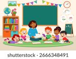 Enthusiastic Elementary School Students and Teacher Enjoy Reading Books Together