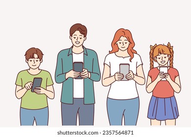 Enthusiastic family with mobile phones in hands stand in row and refuse real communication. Introverted family uses smartphones, for concept of digitalization of society and dependence on gadgets