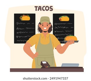 Enthusiastischer Fast-Food-Mitarbeiter, der an einem Taco-Stand mit Menü-Opslagstavle hinter der Theke steht und stolz einen Taco hält. Cartoon-Mitarbeiter trägt eine Uniform und lächelt breit, bereit, Kunden zu dienen